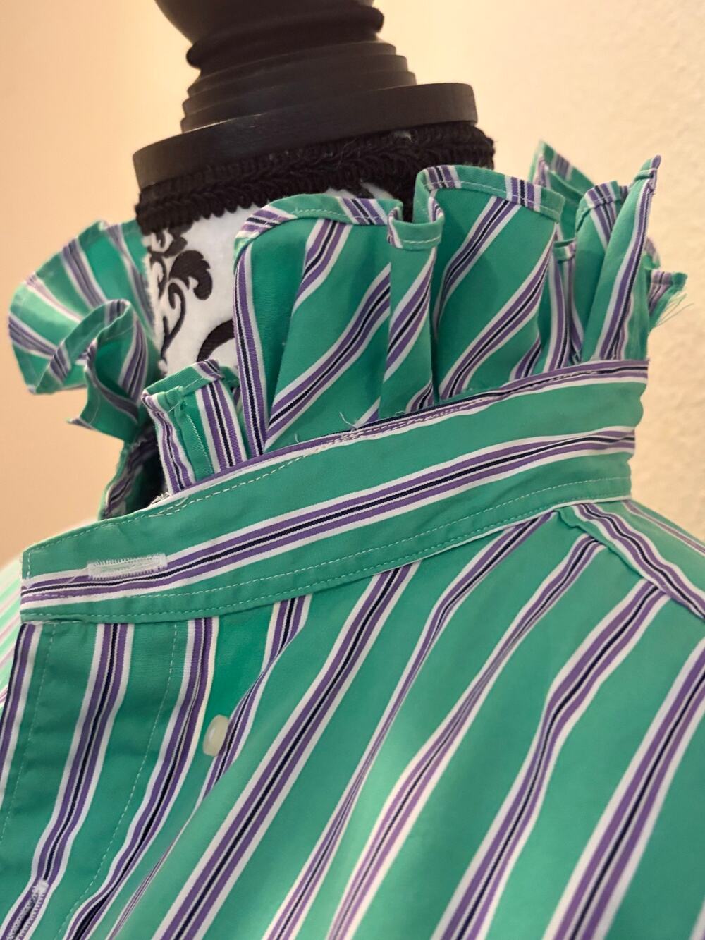 Ralph Lauren Upcycled Ruffle Collar Striped Shirt Green Purple Preppy Large